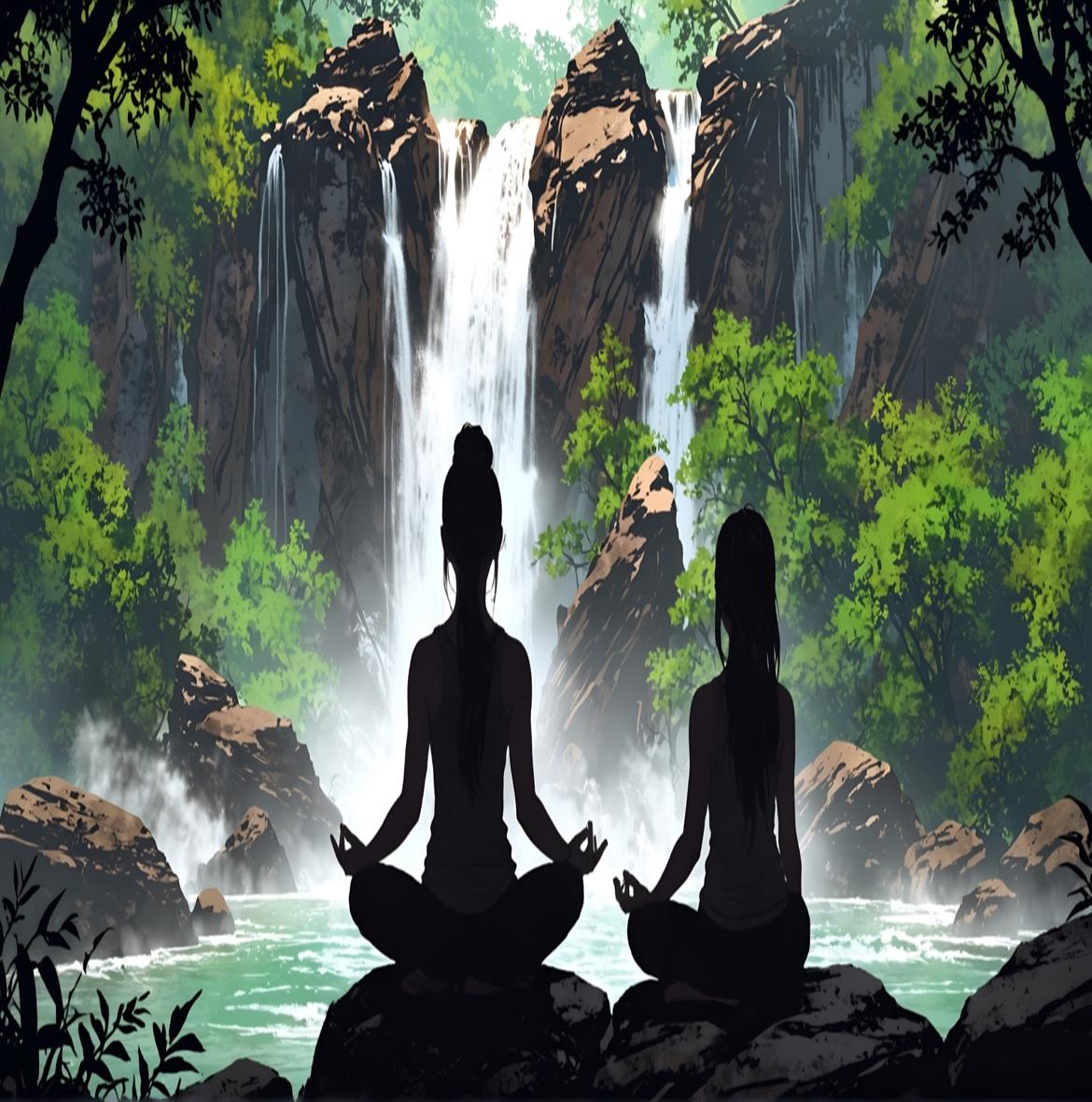 Two Women Meditating by a water fall | Hardcore Senpai