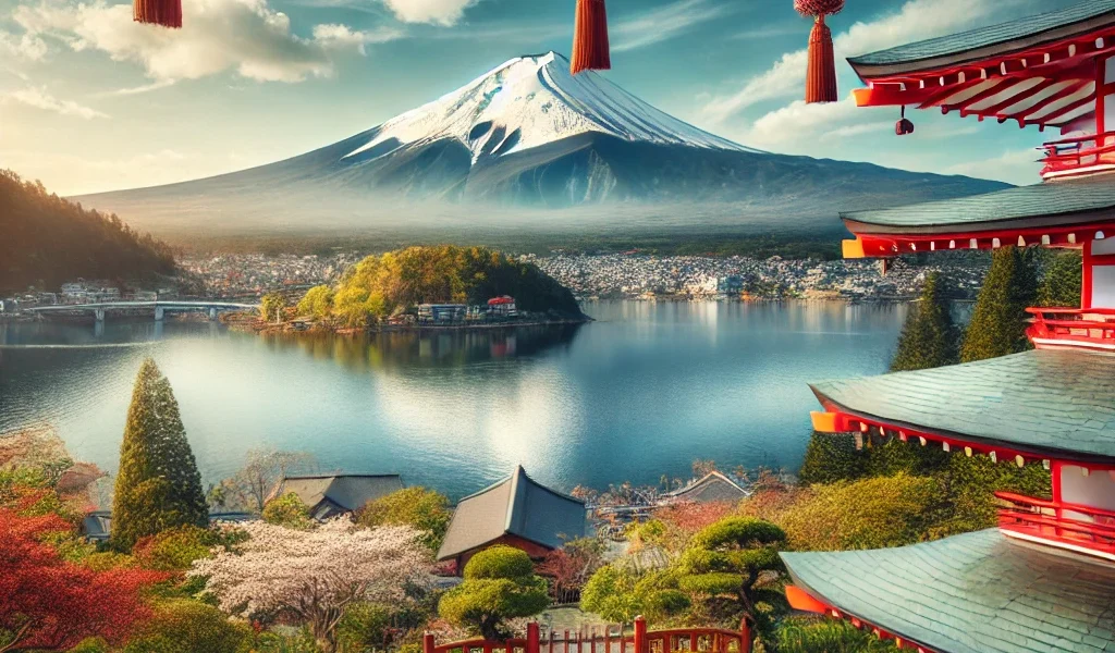 A-stunning-image-of-Mount-Fuji-as-seen-from-Lake-Kawaguchiko-in-Japan.-The-majestic-mountain-with-its-snow-capped-peak-dominates-the-background